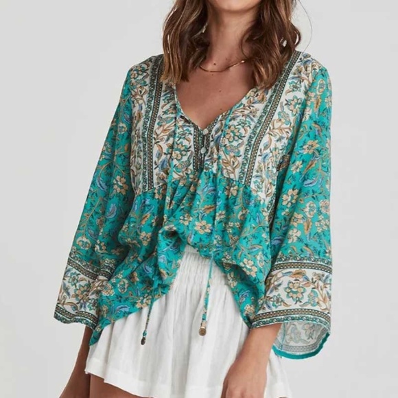 Tops - Boho Gypsy Floral Print Neck Tie Blouse